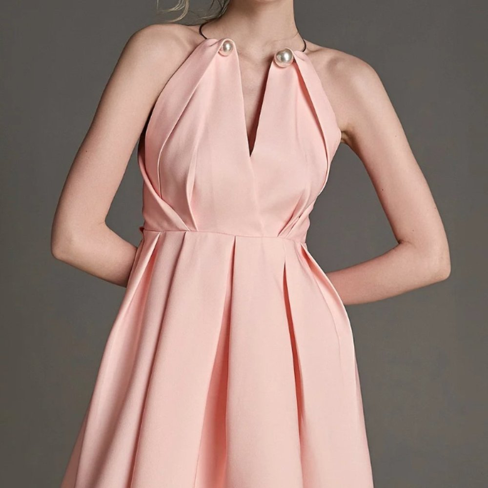 Pink Sleeveless Halter Mini Dress with Gold Metal Ring with Pearls